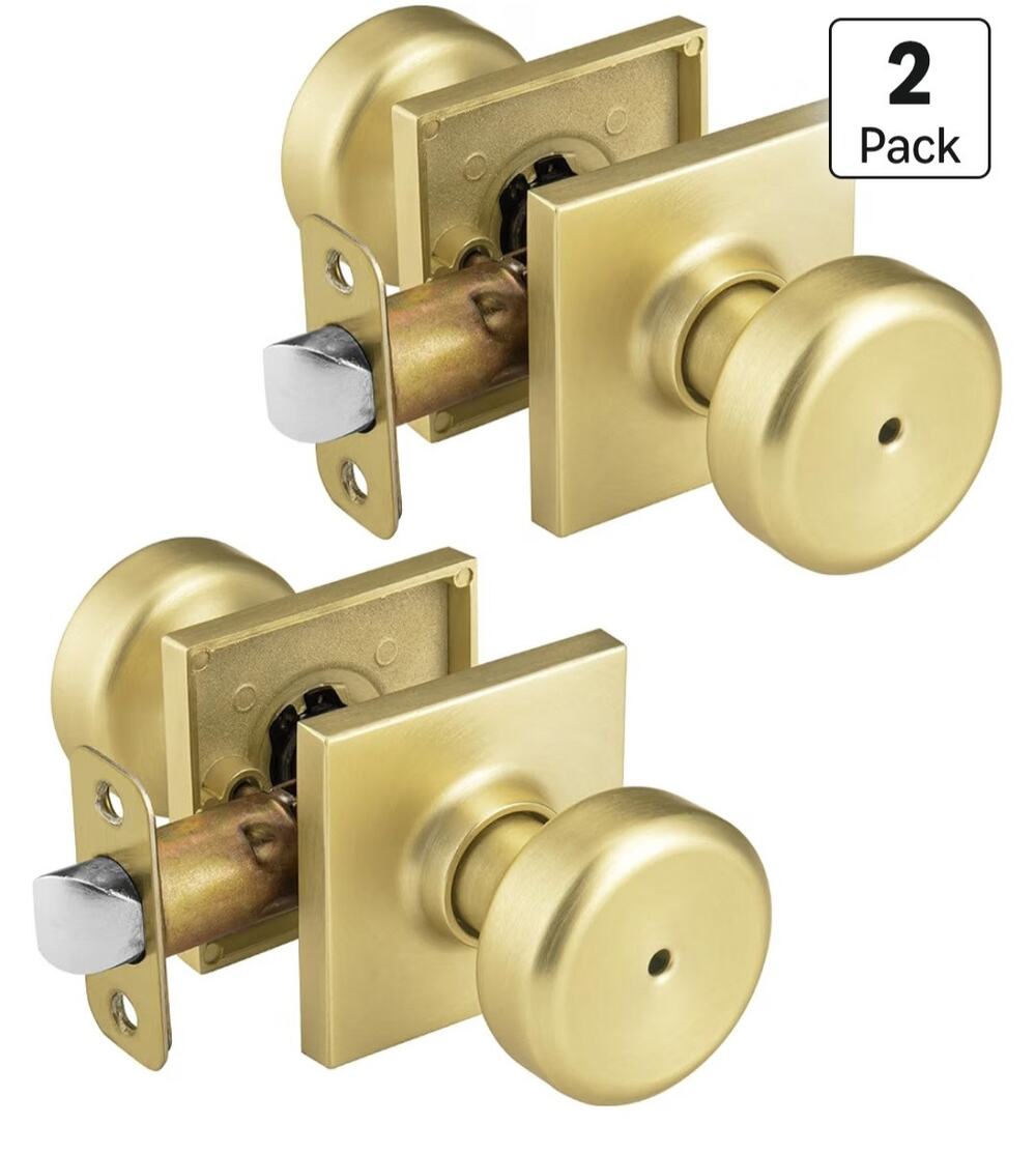 2 Pack Privacy Door Knobs Brushed Gold Square Rosette Bath Bedroom